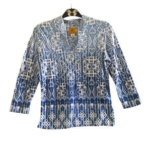 Ruby Rd. Top Womens Size S Blue Geometric‎ Print 3/4 Sleeve V Neck